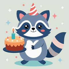 raccoon in a party hat holds a decorated birthday cake