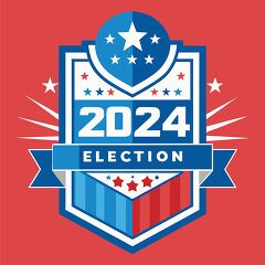 red white and blue badge representing the 2024 election year