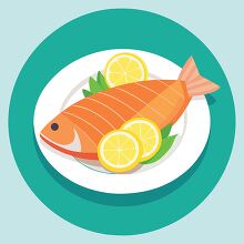 salmon fish whole on a plate with lemon slices and herbs