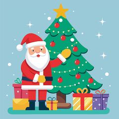 Santa Claus decorates a Christmas tree surrounded by gifts