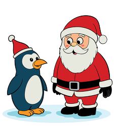 Santa Claus standing next to a penguin