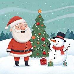 Santa Claus standing next to a snowman and a Christmas tree clipart