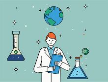 scientist standing with symbols of various scientific discipline