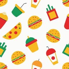 seamless pattern of burgers drinks and pizza slices in bright re