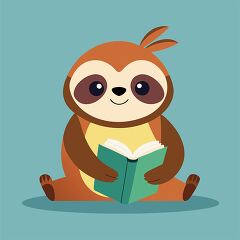 seated sloth smiles while reading a green book looking focused a