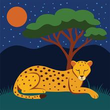 serene nighttime scene of a cheetah resting beneath a tree