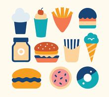 set of colorful food icons with various foods flat design