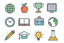 set of school icons featuring items like an apple clock and book