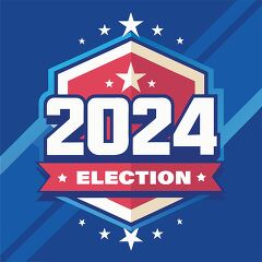 shield shaped emblem featuring 2024 Election with red white and 