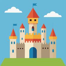 simple cartoon castle with red roofed towers and blue flags