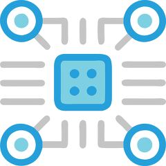 simplified icon of a microchip or processor with connected nodes