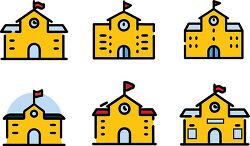 six yellow school building icons