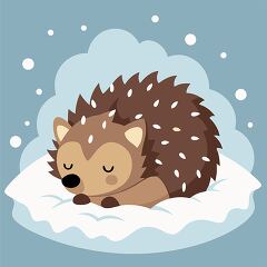 sleeping hedgehog curled up on a snowy mound under falling snow