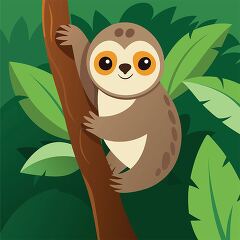 sloth clings to a tree trunk with lush green leaves in a dense j