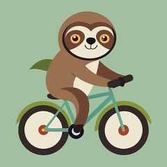 sloth rides a teal bicycle with green leaves on the back smiling