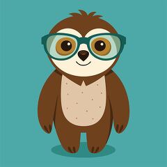 sloth with teal glasses stands upright and smiles on a teal back