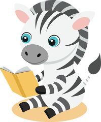 small zebra sits while holding and reading a book