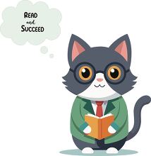 smart looking cat reading a book with thought bubble read to succeed