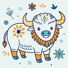 smiling buffalo with big eyes and large curved horns