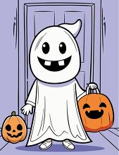 smiling ghost goes trick and treating on Halloween