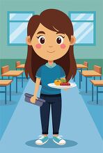 smiling girl holding a tray with a meal in a school cafeteria