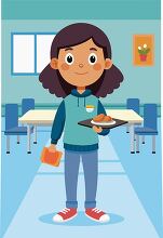 smiling girl in a blue hoodie holds a tray of food