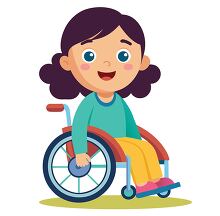 smiling girl with dark curly hair sits in a wheelchair clipart