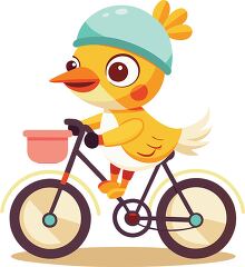 smiling yellow duck wearing a helmet rides a bike