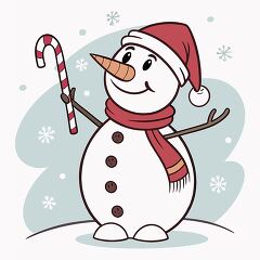 snowman in a Santa hat and scarf holds a candy cane