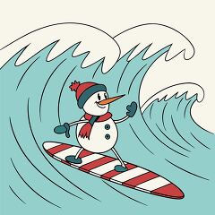 snowman wearing a Christmas hat rides a striped surfboard