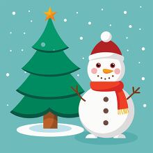 snowman with a red scarf waves beside a tall decorated Christmas