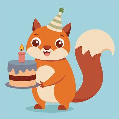 squirrel in a striped party hat holds a layered birthday cake wi