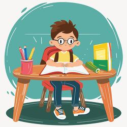 student studying at a desk with books and pencils
