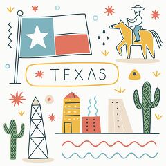 Featuring a playful design, this artwork shows the spirit of Texas through iconic symbols. A horseback rider gallops with joy beside the waving Texas flag, while tall cacti and vivid buildings capture the states diverse landscape.