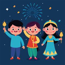 Three children celebrate Diwali under a night sky