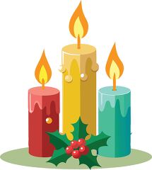 Three colorful candles with flames decorated with holly and berries at the base