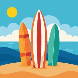 Three colorful surfboards on sandy beach clipart