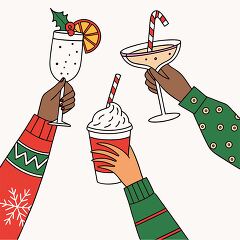 Three festive drinks held by people in holiday sweaters