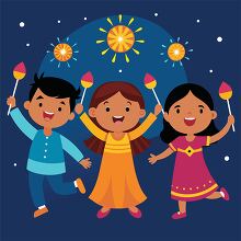 Three happy indian children celebrate Diwali with sparklers