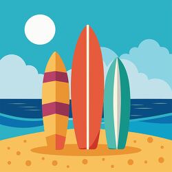 Three surfboards on beach clipart with ocean and clouds backgrou
