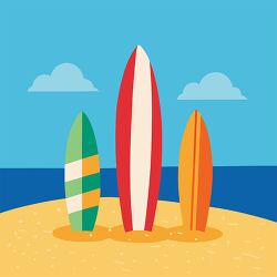 Three surfboards on beach clipart with ocean background for summ