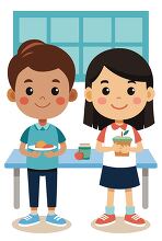 two kids holding lunch trays stand together smiling