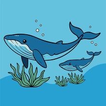 Two whales cartoon style line art surrounded by underwater plant