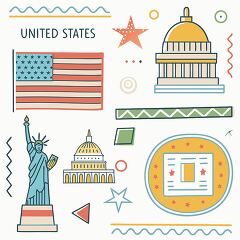 Illustration of American symbols including the flag, Capitol, Statue of Liberty, and Washington Monument.