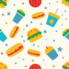 Various fast food items arranged in a bright repetitive pattern