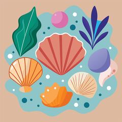 vector illustration of colorful seashells floating in water bubb