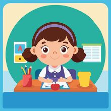 vector of a yound student at her desk