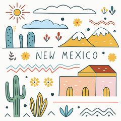 A lively illustration captures the essence of New Mexico through its iconic elements. The artwork showcases majestic mountains under a bright sun, surrounded by blooming flowers and striking cacti.