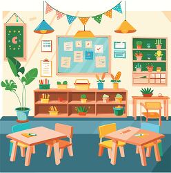 vibrant illustration of a classroom with desks chair