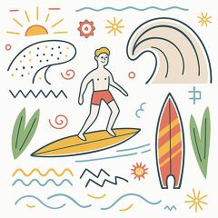 A colorful illustration featuring a surfer riding a wave, surrounded by sun, clouds, and abstract ocean elements. The design includes a surfboard, stylized waves, and sun motifs, creating a vibrant beach atmosphere.